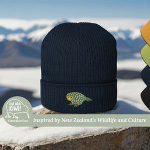 Kakapo Beanie | New Zealand Native Bird Beanie | New Zealand Kakapo | Organic Ribbed Beanie | Embroidered Bird | New Zealand Gift