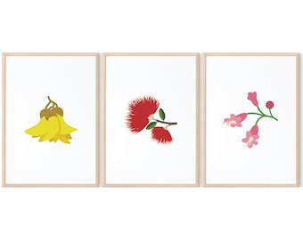 New Zealand Flowers Set of 3 Printable Wall Art | Instant Download | Kowhai Pohutukawa Puriri | Nursery Wall Art | Kids Room Decor | Kiwiana