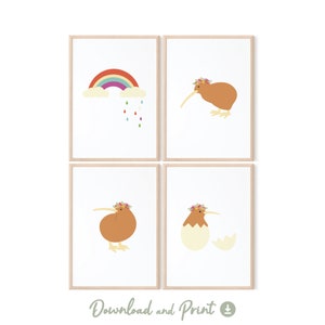 Cute Floral Kiwi and Rainbow Art | PRINTABLE Wall Art | DIGITAL DOWNLOAD | Kiwi Kids Room Art | Kiwi Bird | New Zealand Baby Nursery Decor
