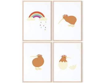 Floral Kiwi and Rainbow Art Prints | New Zealand Nursery Decor (Digital Download)