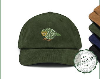 Cute Kakapo Hat | Corduroy Cap | NZ Kakapo | Cute Bird Hat | Embroidered Cap | Bird Hat | Vintage Cap | New Zealand Gift | Kakapo Art