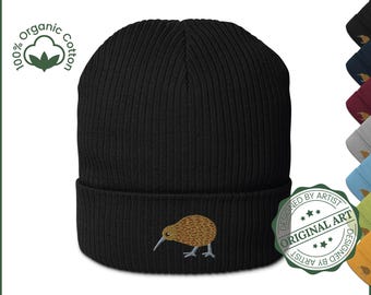 Kiwi Beanie | New Zealand Native Bird Beanie | New Zealand Kiwi | ORGANIC COTTON Ribbed Knit Beanie | Embroidered Bird | New Zealand Gift