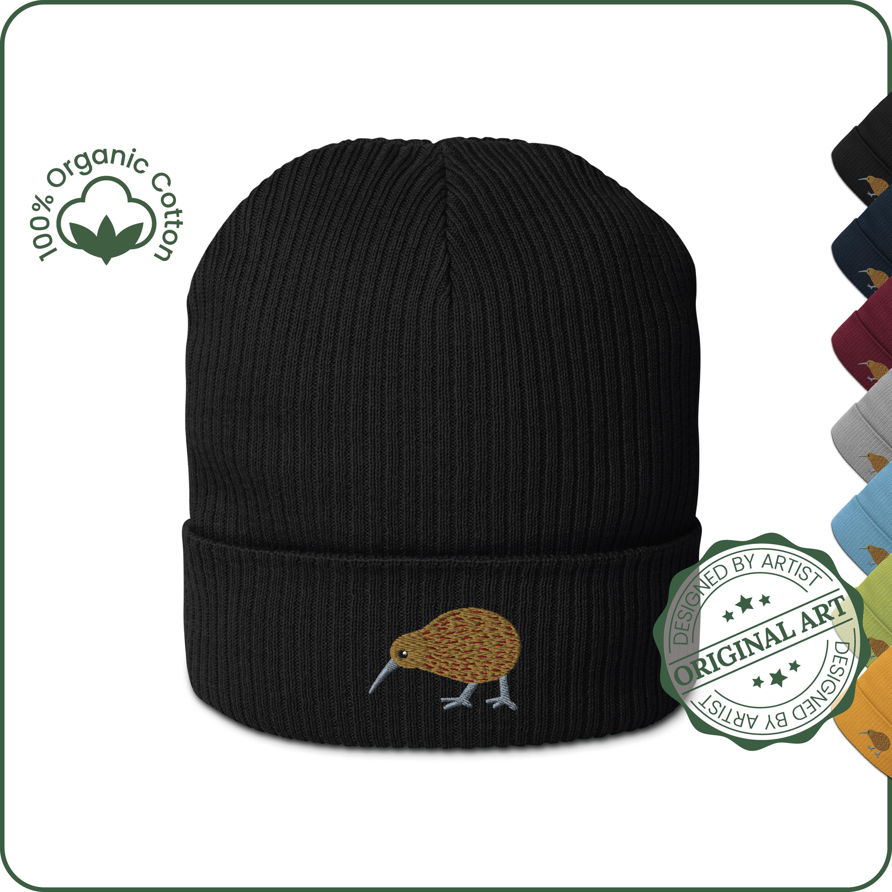 Kiwi Beanie New Zealand Native Bird Beanie New Zealand Kiwi ORGANIC COTTON Ribbed Knit Beanie Embroidered Bird New Zealand Gift