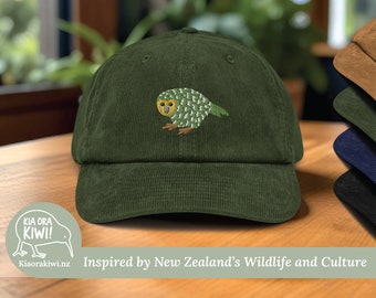 Kakapo Hat | Corduroy Cap | New Zealand Kakapo | Corduroy Hat | Embroidered Cap | Bird Hat | Vintage Style | New Zealand Gift | Kakapo Art