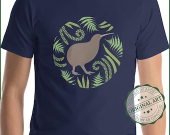 T-shirt Kiwi et fougère de Nouvelle-Zélande | T-shirt kiwi pour homme | Chemise artistique kiwi | T-shirt animalier néo-zélandais | Taille unisexe | Chemise oiseau kiwi