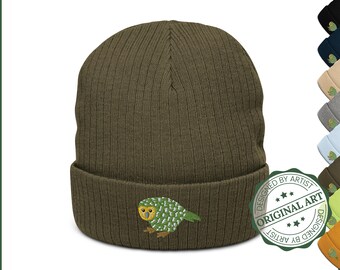 Cute Kakapo Beanie | New Zealand Bird Beanie | New Zealand Kakapo | Ribbed Knit Beanie | Embroidered Bird Beanie | Kakapo Beanie
