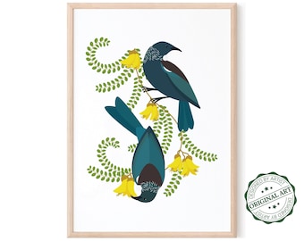 Tui in Kowhai | PRINTABLE Wall Art | DIGITAL DOWNLOAD | Tui Bird Art | Tui Print | New Zealand Art Print | New Zealand Gift | Kiwi Wall Art