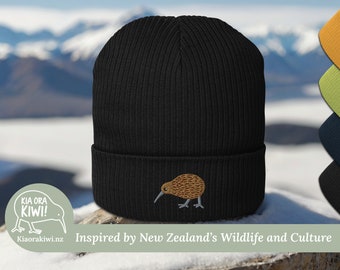 Kiwi Beanie | New Zealand Native Bird Beanie | New Zealand Kiwi | Organic Ribbed Beanie | Embroidered Bird | New Zealand Gift