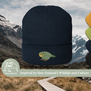 Kakapo Beanie | New Zealand Native Bird Beanie | New Zealand Kakapo | Organic Ribbed Beanie | Embroidered Bird | New Zealand Gift