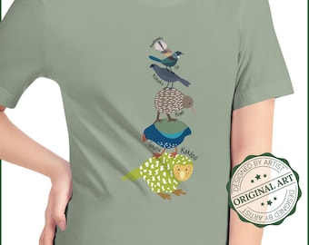 -shirt à motif empilé d'oiseaux de Nouvelle-Zélande | T-shirt femme Oiseaux de Nouvelle-Zélande | Chemise Kiwi | Taille unisexe | Chemise oiseau néo-zélandaise