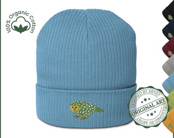 Cute Kakapo Beanie | New Zealand Native Bird Beanie | Kakapo Bird | ORGANIC COTTON Ribbed Knit Beanie | Embroidered Bird | New Zealand Gift
