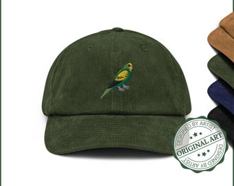 Corduroy Budgie Hat | Australian Budgerigar Cap | Australian Native Bird | Vintage Style hat | Embroidered | Bird Hat | Parakeet