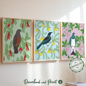New Zealand Bird Art | PRINTABLE Wall Art | Native Bird and Flower Wall Art | Set of 3 | Tui, Kākā, Kereru | New Zealand Gift | NZ Artist
