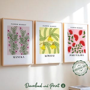 New Zealand Flower Market | PRINTABLE Wall Art | New Zealand Flower Art | Pohutukawa Kowhai Manuka Floral Wall Art | New Zealand Gift