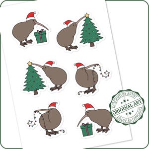 Folha de adesivos de kiwi de Natal | Folha de adesivos de pássaros da Nova Zelândia | Adesivo de kiwiana | Adesivo de kiwi | Etiqueta de presente de kiwi