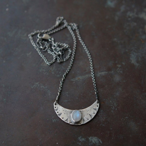 Rainbow Moonstone New Moon Rising Necklace - Sterling Silver Crescent Moon Necklace - Rustic Moon Jewelry - Silversmith Jewelry