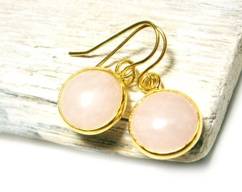 Rose quartz earrings gold plated, pink gemstone earrings, natural stone earrings