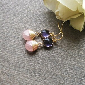 Amethyst and Cherry Quartz Earrings: Gold-plated gemstone drop earrings in purple and pink