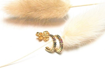 Small golden hoop earrings with colorful zirconia stones, gold plated earrings