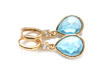 Golden hoop earrings with aquamarine crystal pendant, earrings gold plated with zirconia