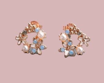 Earrings wreath circle with enamel flowers and light blue opal stones, ear studs, silver 925 rose gold plated