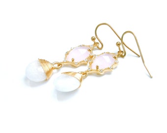 Pink crystal earrings gold plated with white jade pendants and cubic zirconia, hanging crystal earrings, natural gemstone earrings