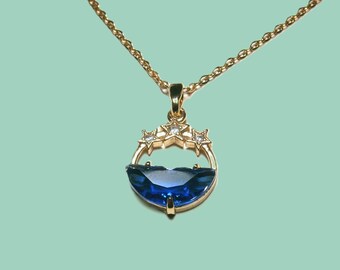 Blue crystal necklace sea with zirconia stars, chain gold plated, sea, starry sky