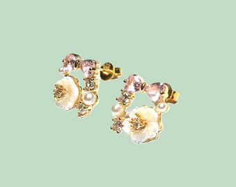 Earrings wreath circle with white flower, pink crystal bow, pearl and zirconia, ear studs silver 925 gold plated