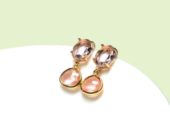 Pink crystal earrings with cherry quartz pendant: Gold-plated drop earrings, crystal glass jewelry