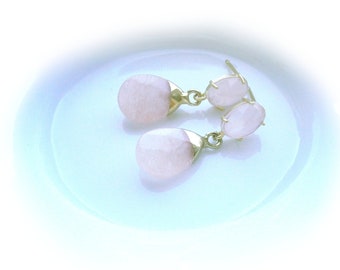 Rose quartz earrings 925 silver gold plated, hanging rose quartz earrings, pink gemstone earrings