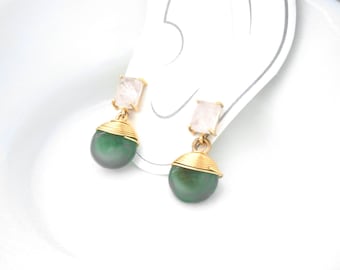 Rose quartz earrings silver 925 gold plated with green jade pendants, golden sterling silver stud earrings