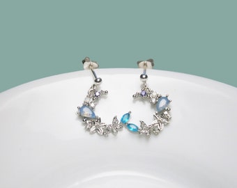 Ohrringe Mond Silber 925 Ohrstecker mit blauem Kristall- und Opalglas, Halbmond Ohrhänger