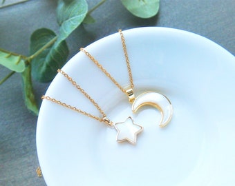 Mother of pearl necklace moon or star, gold-plated crescent moon necklace, crescent moon