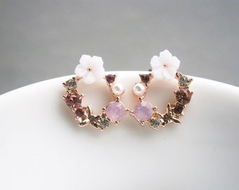 Earrings flowers wreath with pearl, crystal and zirconia; Flower stud earrings silver 925 rose gold plated