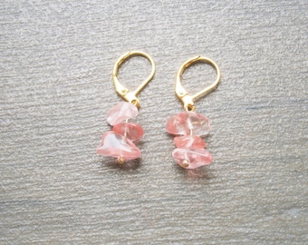 Cherry quartz chip earrings, pink natural stone earrings, gemstone earrings, raw stone chips