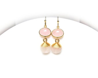 Pink crystal earrings with rose quartz pendant, gold plated gemstone earrings, natural stone earrings