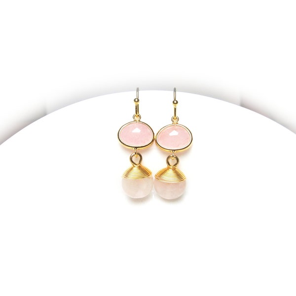 Pink crystal earrings with rose quartz pendant, gold plated gemstone earrings, natural stone earrings