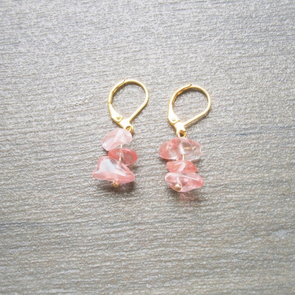 Cherry quartz chip earrings, pink natural stone earrings, gemstone earrings, raw stone chips