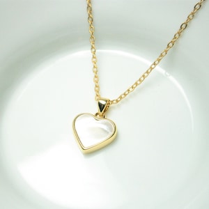 Mother of pearl heart necklace gold plated, chain with white and gold heart pendant, mother of pearl necklace image 1