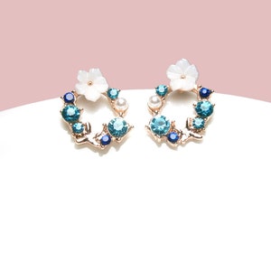 Earrings circle rose gold plated with white flower and blue zirconia, ear studs silver 925, sterling silver plug image 1