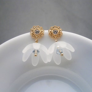 White bellflower earrings gold plated with zirconia, flower earrings, romantic earrings image 5