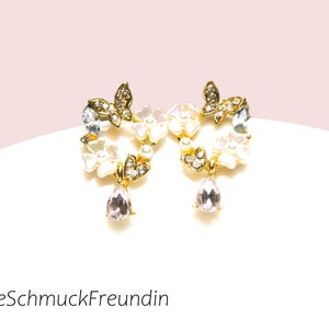 Earrings with white-pink shimmering flowers and crystal drop pendants, gold-plated silver 925 earrings image 2