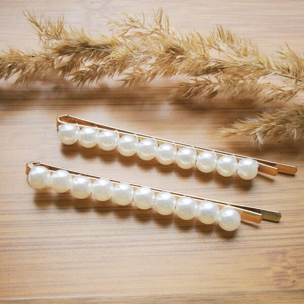 Gold hair clips with white pearls, gold plated hair clips, bridal hair accessories, two barrettes, hair clips set