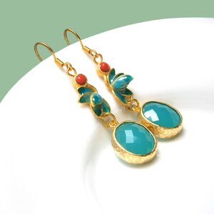 Green jade earrings with enamel leaves and red coral stones, matt gold-plated silver 925 earrings, sterling silver image 1