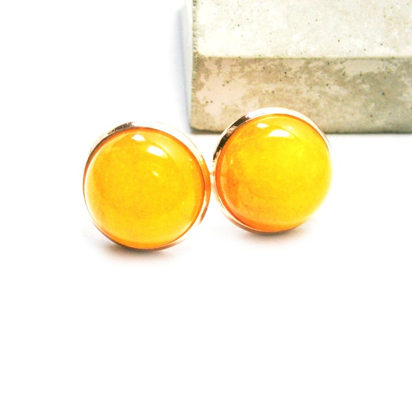 Jade stud earrings, yellow earrings, rose gold plated, yellow gemstone earrings, natural stone studs