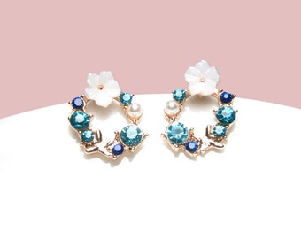 Earrings circle rose gold plated with white flower and blue zirconia, ear studs silver 925, sterling silver plug