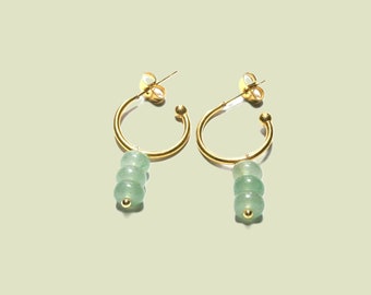 Golden hoop earrings with green aventurine pendants, gold-plated gemstone earrings, natural stone earrings