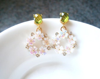 Green peridot earrings with white-pink shimmering cherry blossom pendants, ear studs silver 925 gold plated