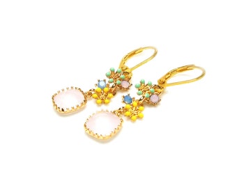 Flower earrings gold plated with pink opals and enamelled flowers in green and yellow