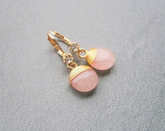 Rose quartz earrings gold plated with zirconia, pink gemstone earrings, natural stone earrings